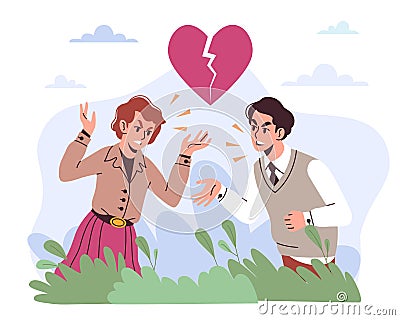 Conflict in relationship between man and woman, aggressive disputes. Family emotional conversation, broken heart Vector Illustration