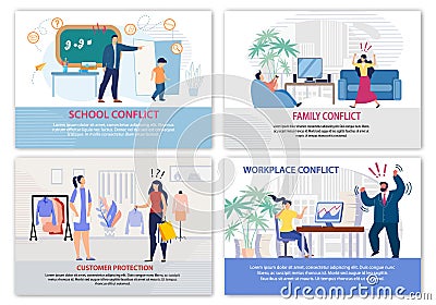 Conflict Situation in Daily Life Landing Page Set Vector Illustration