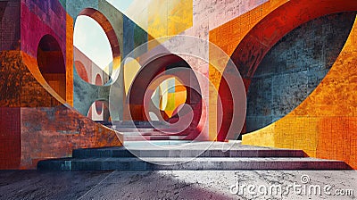 Confluence of Contrasts: Brutalism Meets Abstract Vibrancy Cartoon Illustration