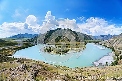 Confluence of Katun and Chuya rivers forming a horseshoe, Altai Republic Stock Photo
