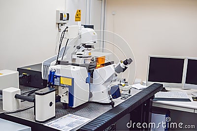 Confocal optical laser scanning microscope for biological sample Stock Photo