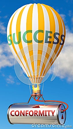 Conformity and success - shown as word Conformity on a fuel tank and a balloon, to symbolize that Conformity contribute to success Cartoon Illustration