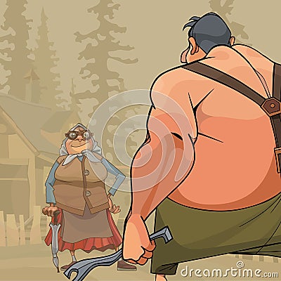 Confrontation cartoonish village grandma against a big man Vector Illustration