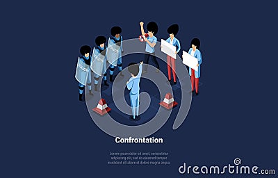 Confrontation Concept. Police Force Against Dissatisfied People On Street Take Part In Strike, Hold Protest Banners And Vector Illustration