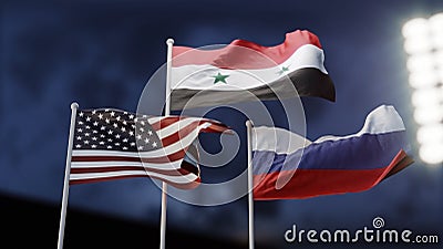 Confrontation between Russia and the United States in Syria. Concept. Three waving flags. 3d illustration Stock Photo