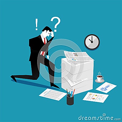 Confuse and busy businessman with a lot of work to do. Stress situation concept Vector Illustration