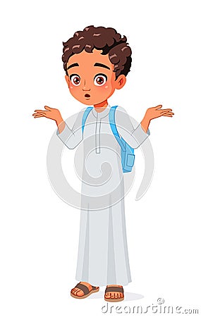 Confused Arab school boy shrugging shoulders. Cartoon vector illustration. Vector Illustration