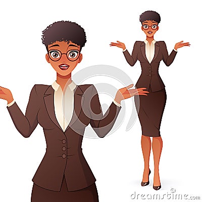 Confused black businesswoman in glasses shrugging shoulders. Isolated vector illustration. Vector Illustration