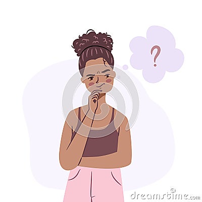 Confused black girl. Young african woman standing in doubt, thinking of dilemma. Puzzled isolated afro-american teenager Vector Illustration