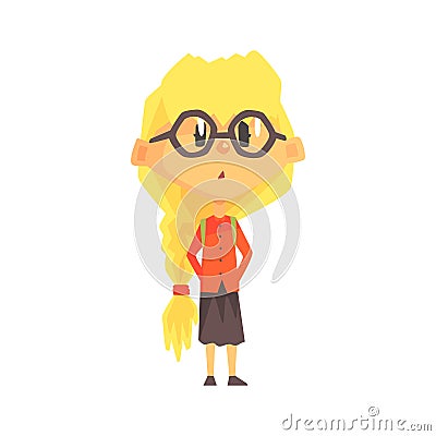 Confused Blond Girl In Glasses With A Plat, Primary School Kid, Elementary Class Member, Isolated Young Student Vector Illustration