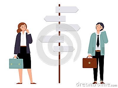 Confused business people. Businessman stand near directions and choose road. Lost opportunities, woman man think and Vector Illustration