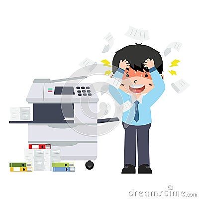 Confused business worker broke copy print Office multifunction machine Vector Illustration