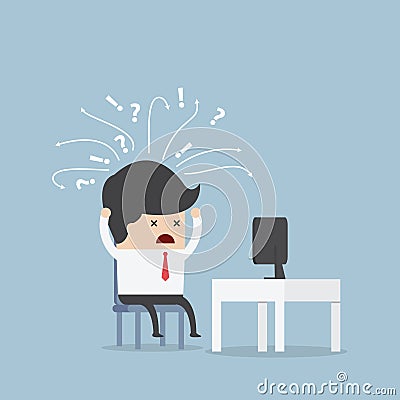 Confused businessman in front of computer Vector Illustration