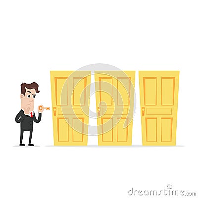 Confused businessman holding a key choosing the right door Vector Illustration