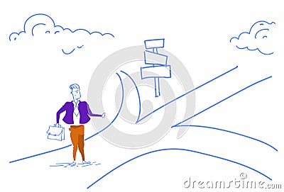 Confused businessman standing road sign choose direction way signboard arrow sketch doodle horizontal Vector Illustration