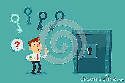 Businessman choosing key to unlock door Vector Illustration
