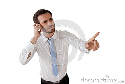 Confused businessman working on invisible interface Stock Photo