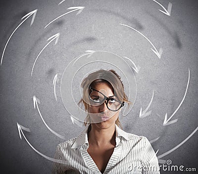 Confused businesswoman has dizziness. Concept of stress and overwork Stock Photo