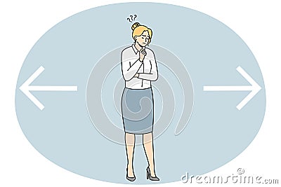 Confused businesswoman near huge arrows feel frustrated Vector Illustration