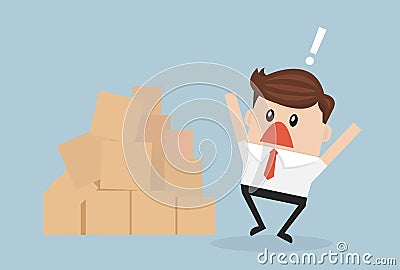 Confused cartoon african american businessman looking at large pile of cardboard boxes. Vector Illustration