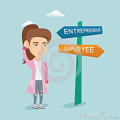 Confused caucasian woman choosing career pathway. Vector Illustration