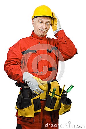 Confused construction worker Stock Photo