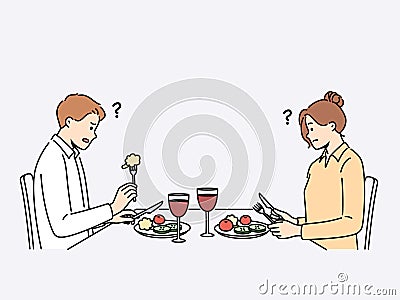 Confused couple dislike food in restaurant Vector Illustration