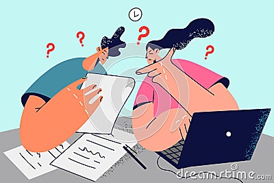Confused couple manage paperwork at home Vector Illustration