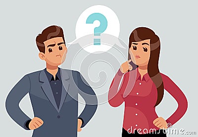 Confused couple. Thoughtful young girl and man. Troubled people thought with question mark. Thinking vector concept Vector Illustration