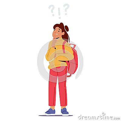 Confused or Curious Schoolgirl Stand Under Question and Exclamation Marks. Girl Asking and Thinking, Solving Problem Vector Illustration