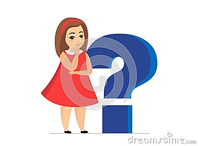 Confused girl standing near large blue question mark on white background. Concept of getting knowledge by thoughtful Vector Illustration