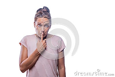 confused and guilty-looking adult woman looking away Stock Photo