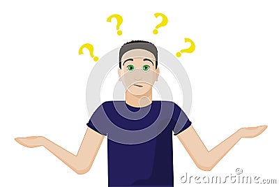 The confused guy does not know answer to question, spread hands. Signs question overhead. Interrogative look. Emotions Vector Illustration