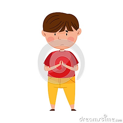 Confused Little Boy Putting His Hands Together Feeling Sorry and Expressing Regret Vector Illustration Vector Illustration