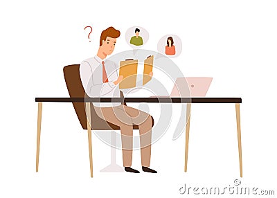 Confused male recruit choosing between two resume applicant vector flat illustration. HR manager sit at desk doubt to Vector Illustration