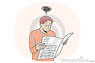 Confused man doubtful about disinformation in newspaper Vector Illustration