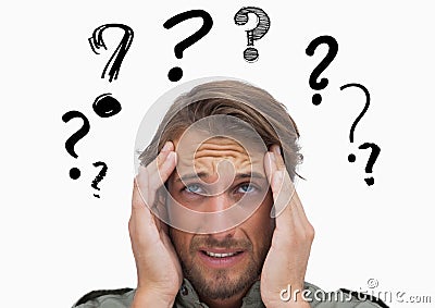 Confused man with graphic question mark over head Stock Photo