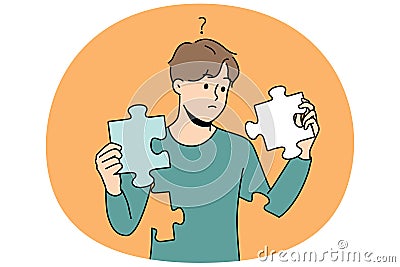 Confused man with puzzles in hands rebuild personality Vector Illustration