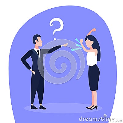 Confused man question mark woman quarrel business conflict situation people shouting each other dispute concept boss Vector Illustration