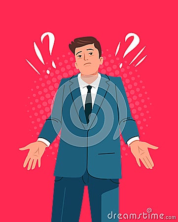 Confused men in doubts and thoughts. Puzzled pensive businessman and question mark. Business concept vector Vector Illustration