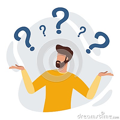 Confused person surrounded by question marks Vector Illustration