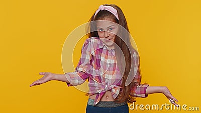 Confused preteen child girl kid feeling embarrassed about ambiguous question, having doubts, no idea Stock Photo