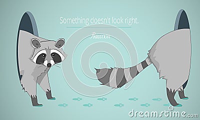 Confused Raccoon walking through the room in a blue background. Vector Illustration