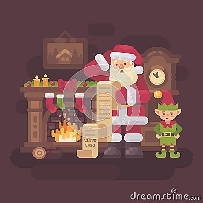 Confused Santa Claus and elf reading a very long kids letter Vector Illustration