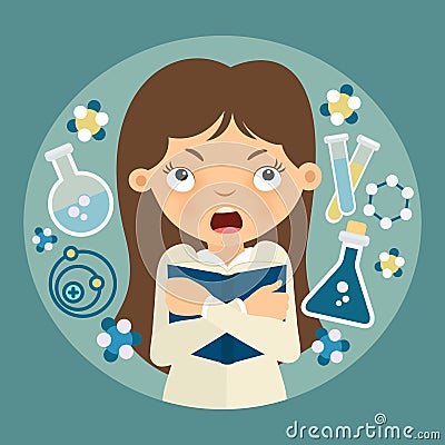 Confused schoolgirl with textbook in her hands. Chemistry Cartoon Illustration