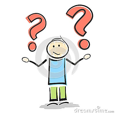 Confused stickman character making shrug gesture with question marks Vector Illustration