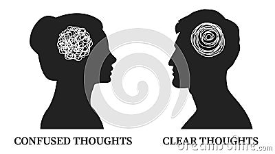 Confused thoughts and clear thoughts concept. Two people with a conditional image of the brain in the form of a tangled ball and Vector Illustration