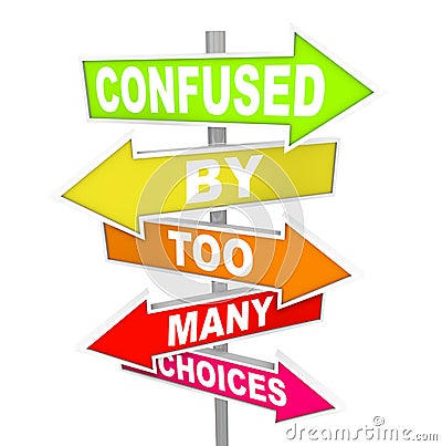 Confused by Too Many Choices Arrow Street Signs Stock Photo