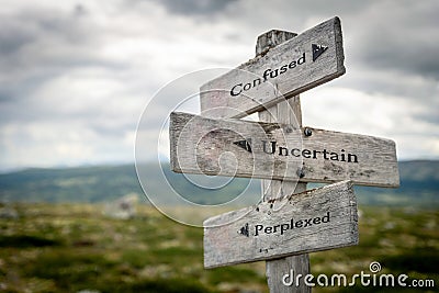 Confused, uncertain and perplexed wooden signpost Stock Photo
