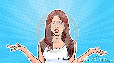 Confused Woman AtTractive Female Portrait In Retro Style Background Colorful Pop Art Banner Vector Illustration